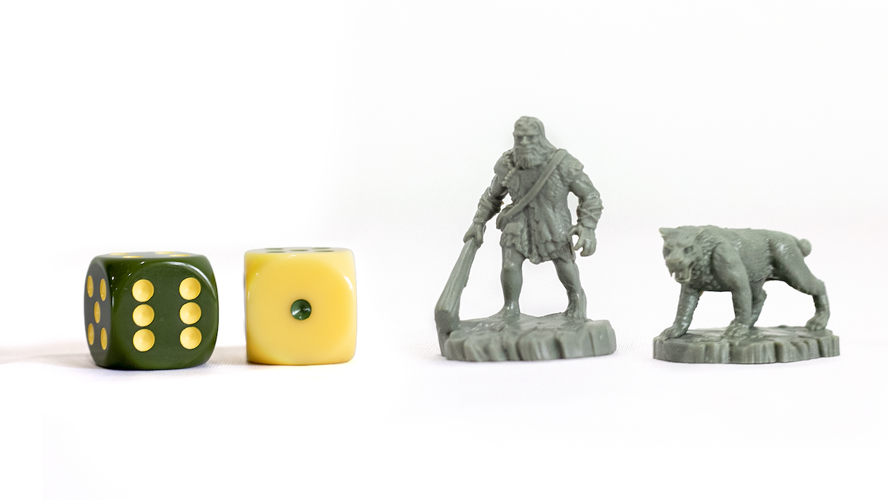 Dice, Neanderthal, and Smilodon figures for CATAN Dawn of Humankind