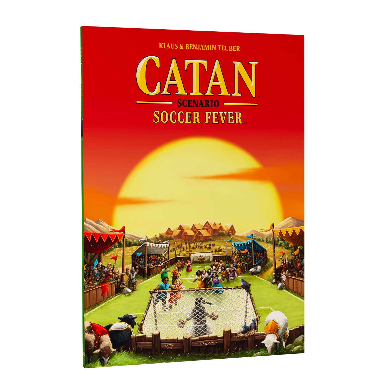 CATAN – Soccer Fever Cover shows a CATAN Sun and sky with a soccer game played in the foreground.